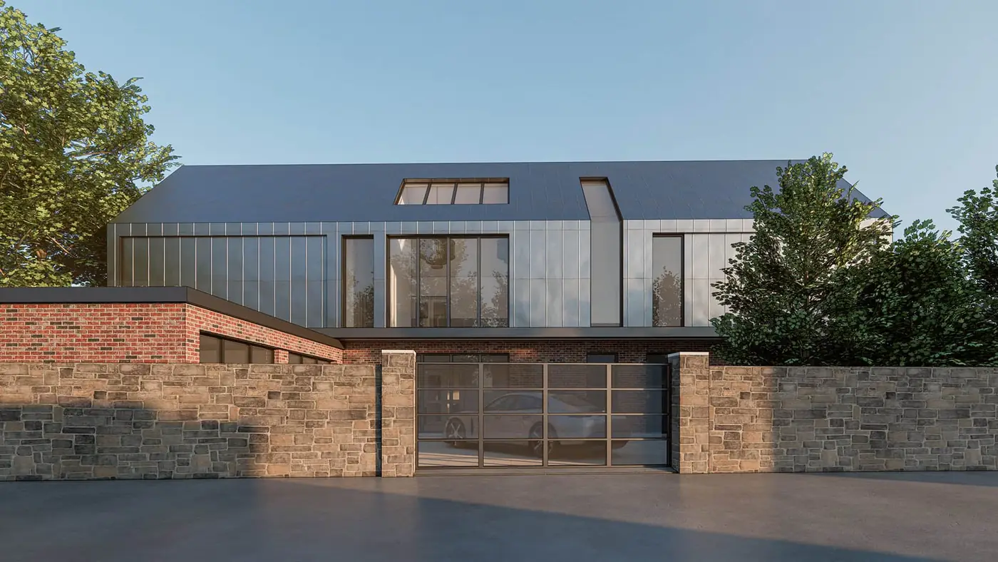 Contemporary brick and metal luxury home entrance