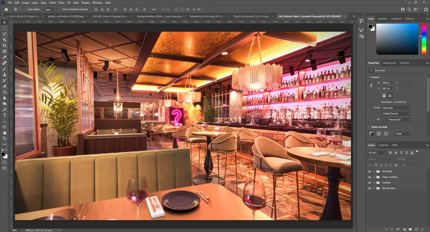 Architectural visualisation being post-produced in Adobe Photoshop