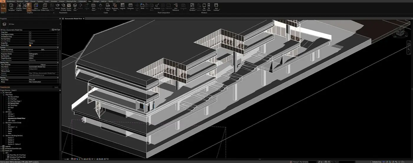 Shared 3D building model in the Revit worksharing interface