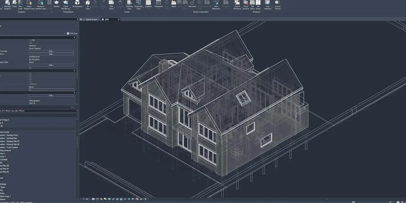 Wireframe 3D house model in the Revit interface