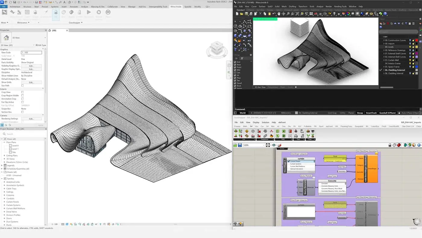 Rhino viewport geometry being prepared for a Revit workflow