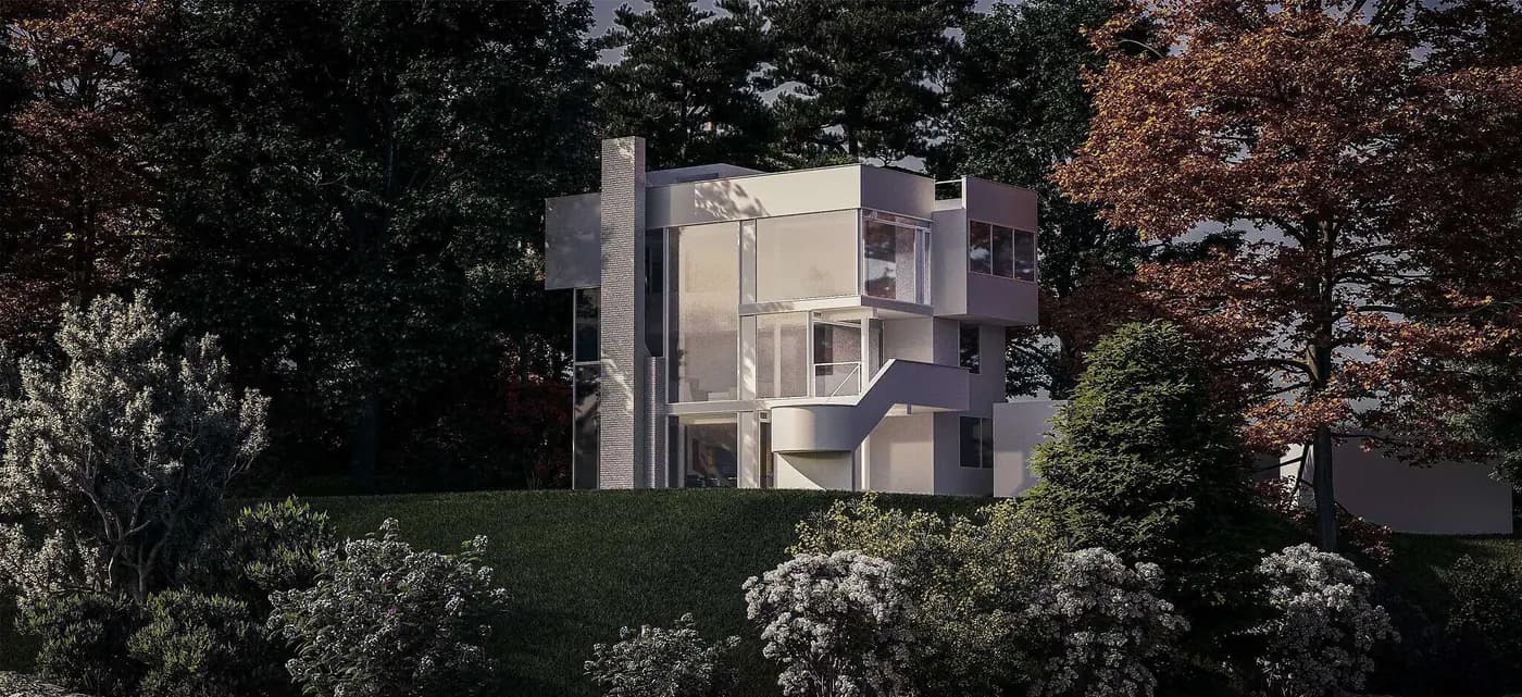 White modernist house in woodland rendered with Rhino and V-Ray