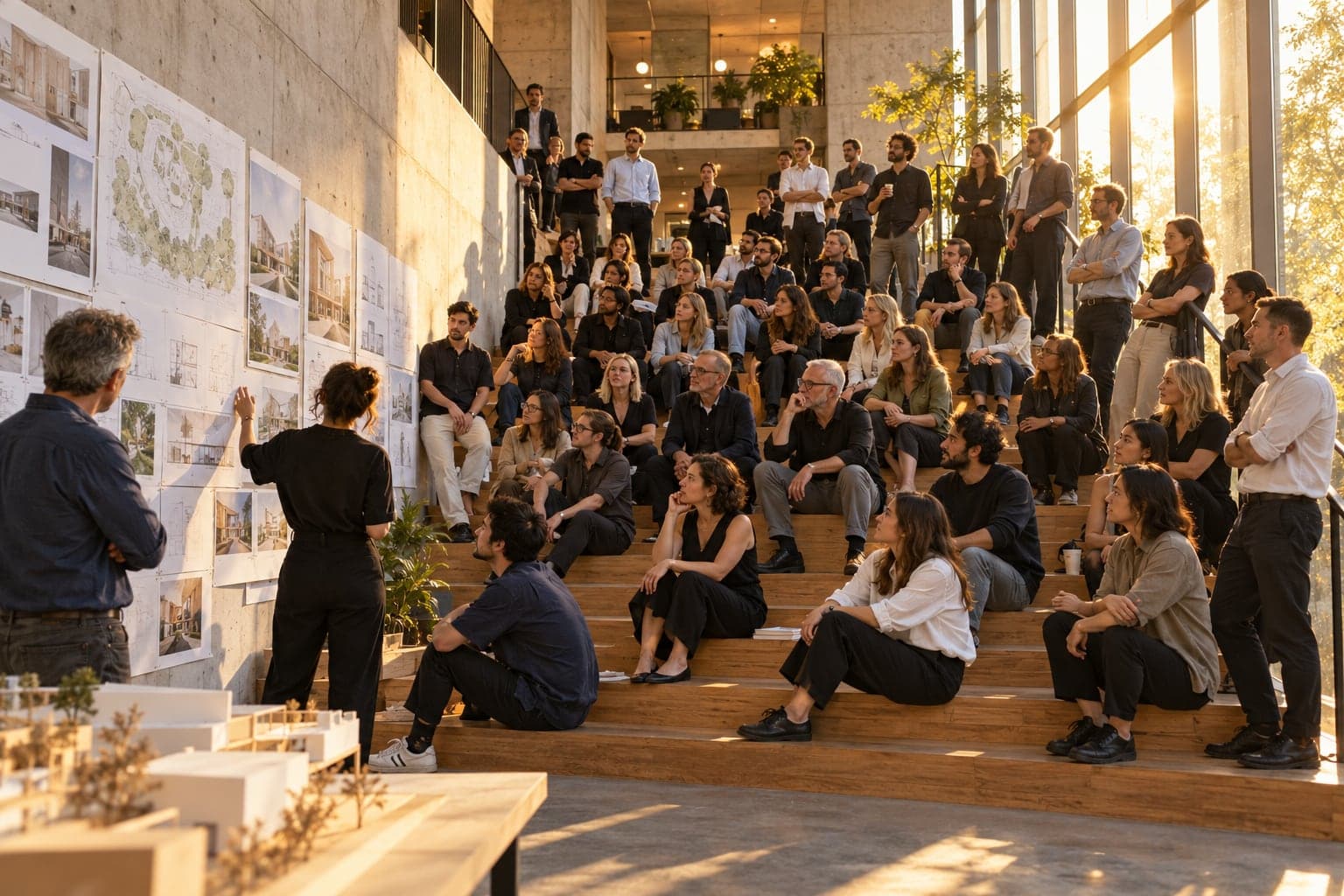 A large practice gathered on an atrium staircase for a pin-up in golden evening light.