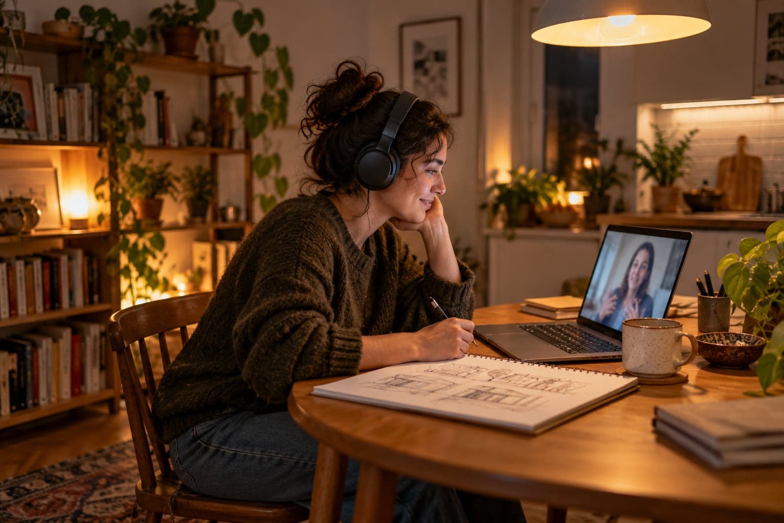 An architect at home in the evening on a video call, taking notes in a sketchbook.