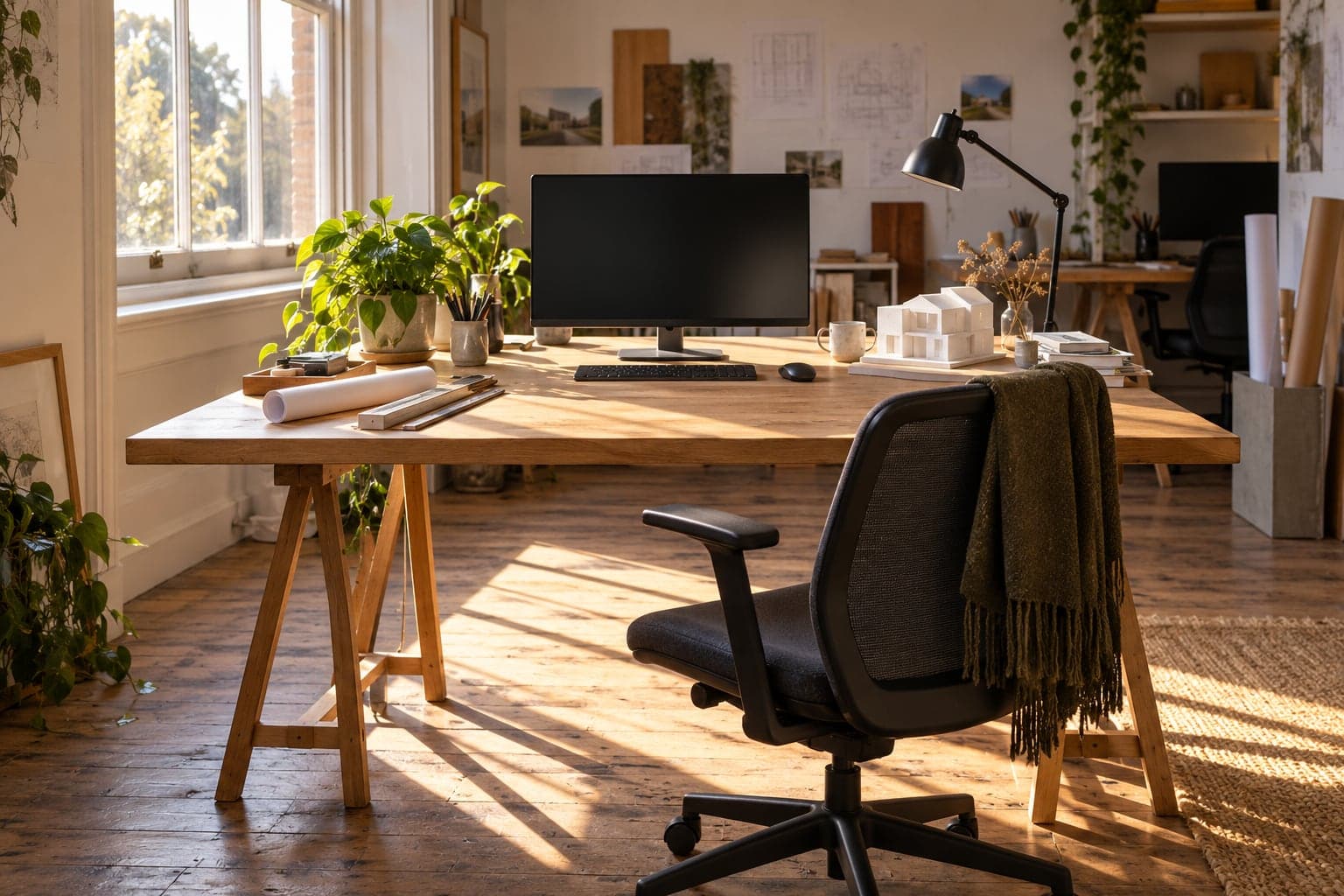 An empty desk ready for a new starter in a small architecture studio, lit by morning sun.