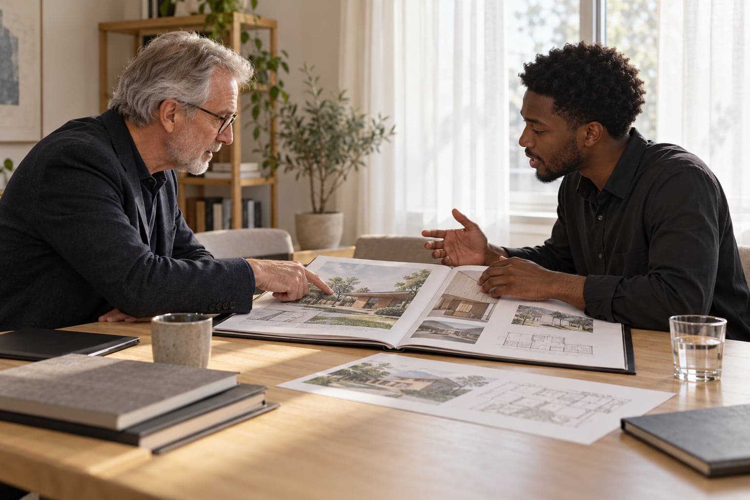 A senior coach and a young architect reviewing a printed portfolio across a meeting table.