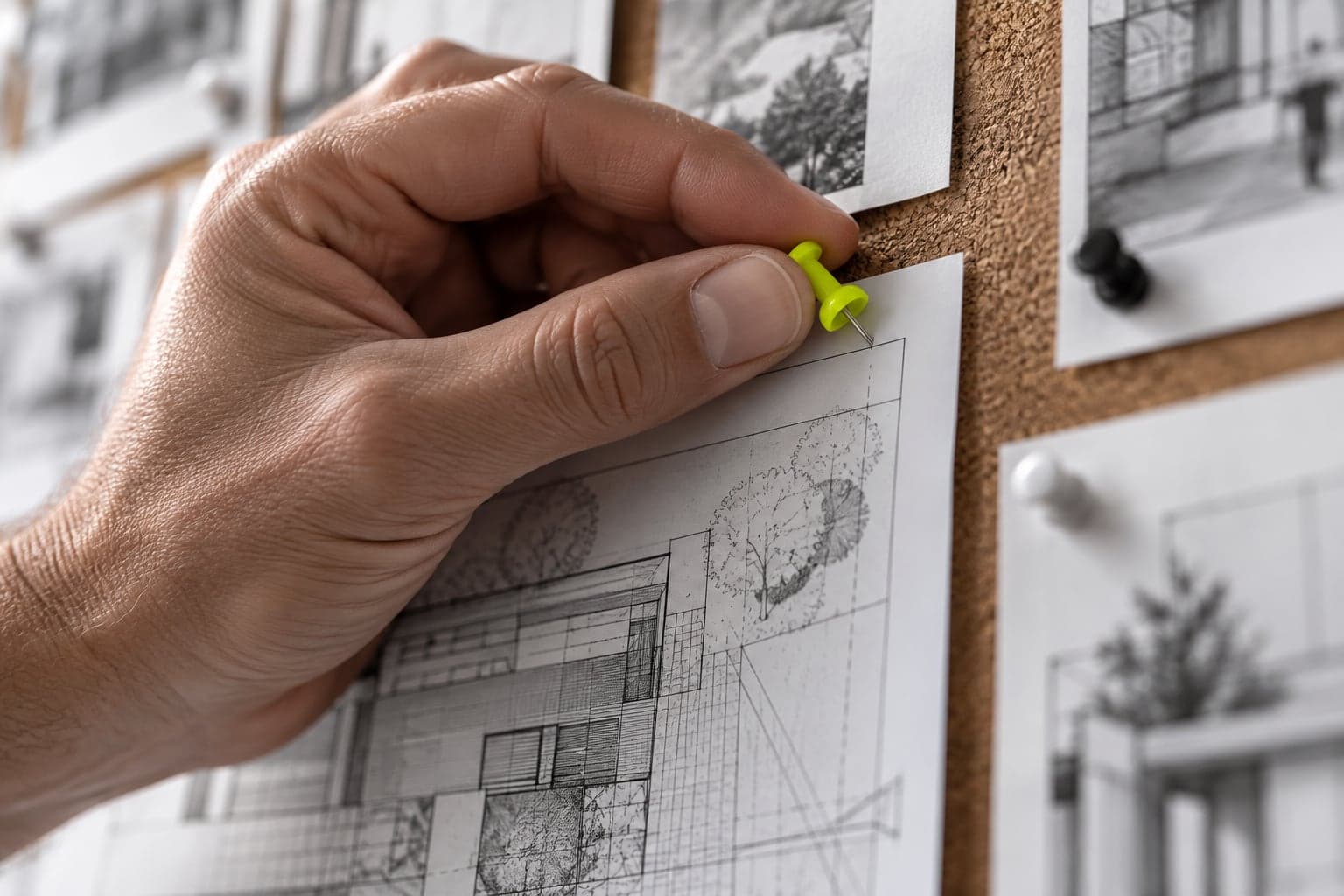 A hand pressing a chartreuse pin into an architectural drawing on a pin-up board.