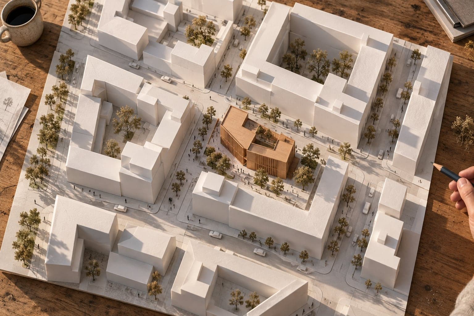 An overhead view of a white urban model where one timber building stands out from the blocks around it.