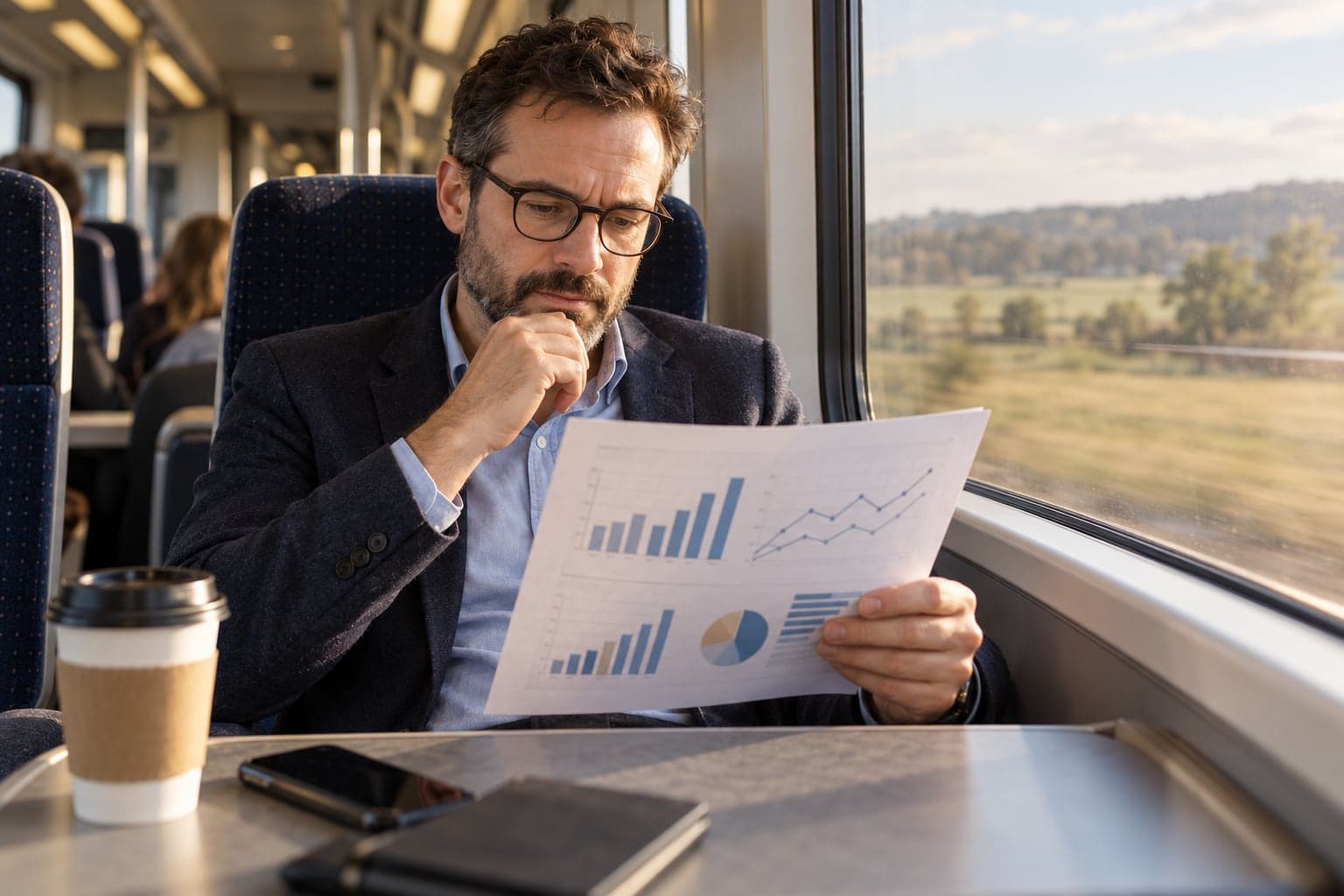 An architect reading a printed salary report full of charts on a morning train.