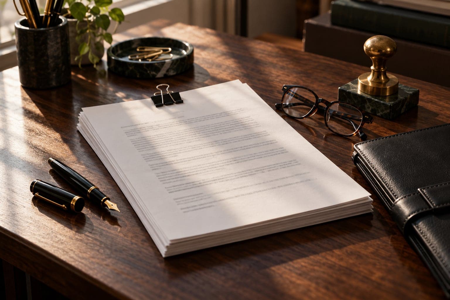 A clipped terms pack, fountain pen, glasses and leather folio on a walnut desk in low sunlight.