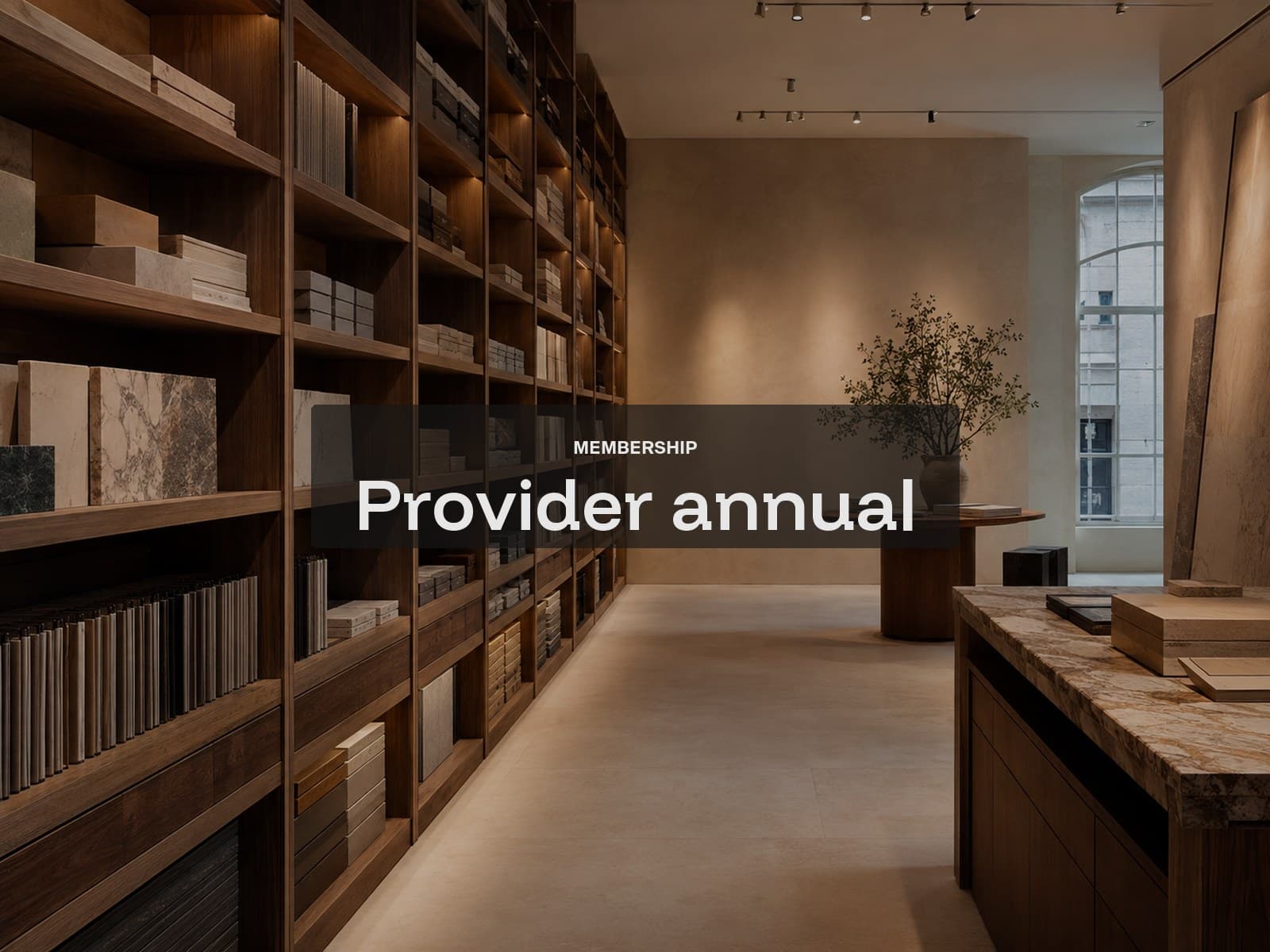 Provider annual membership cover: a timber product library in a quiet showroom.