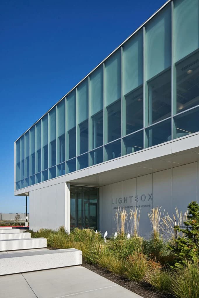 Glazed entrance and planted approach to Lightbox