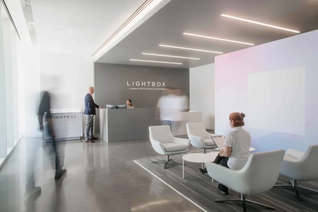 Reception and visitor seating inside the Lightbox facility