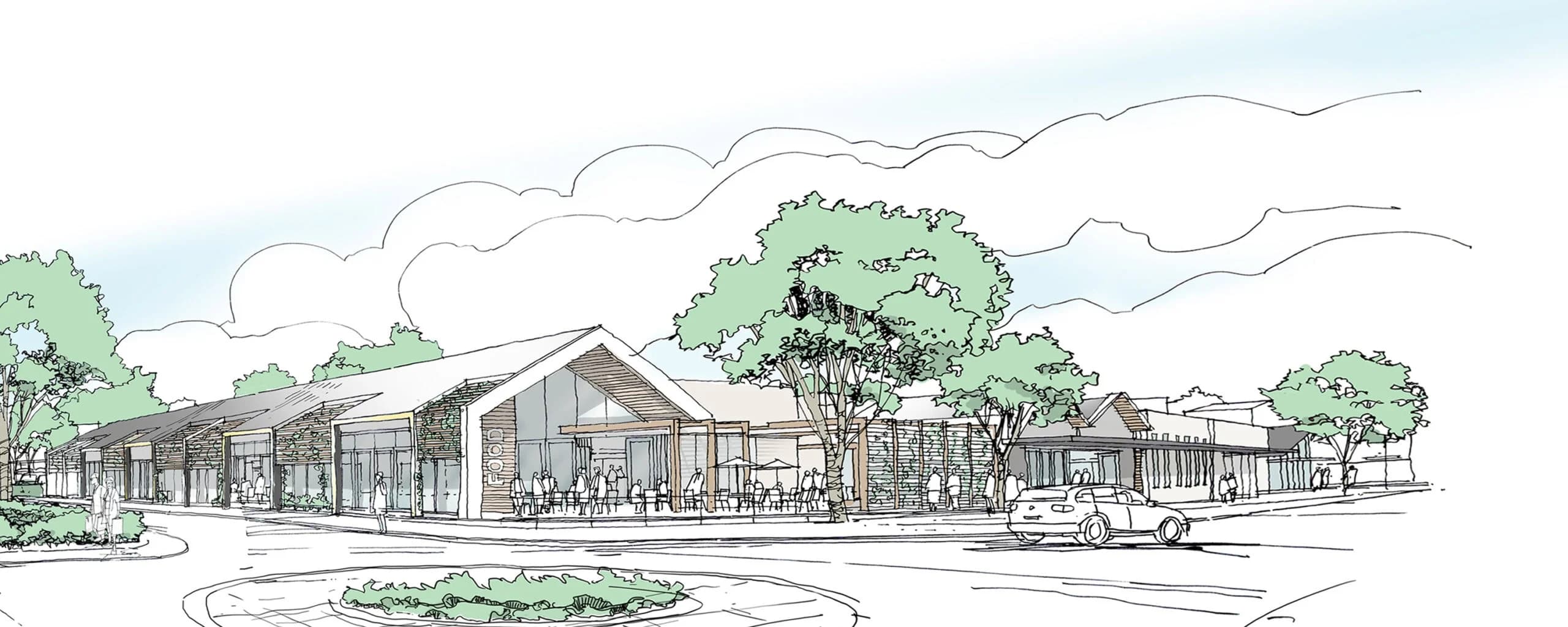 Architectural perspective sketch of the Grindleford Drive frontage with pitched roofs, trees and outdoor seating.