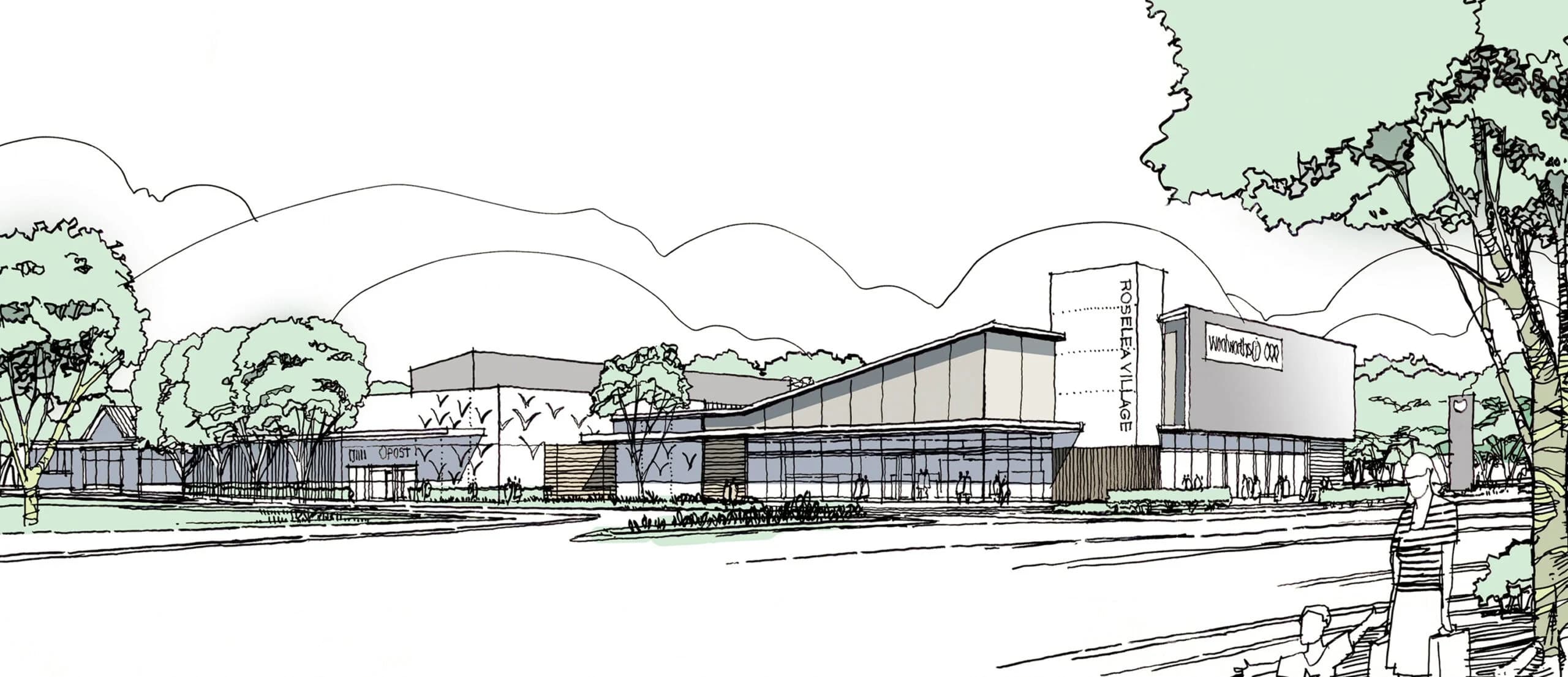 Architectural perspective sketch of the shopping centre's corner lantern and adjoining street frontage.