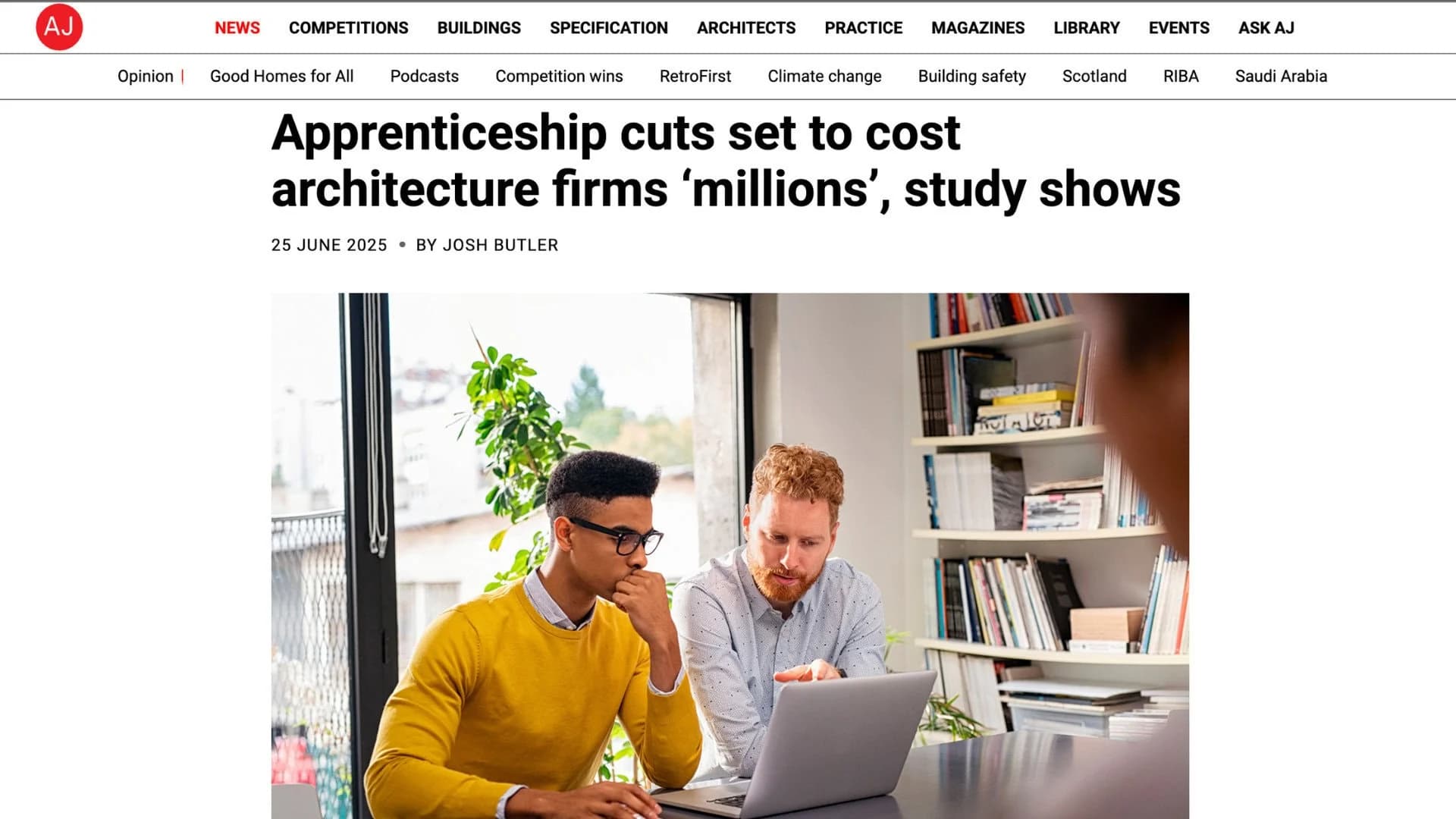 Architecture firms face financial losses due to apprenticeship cuts, highlights collaboration in modern workspace.
