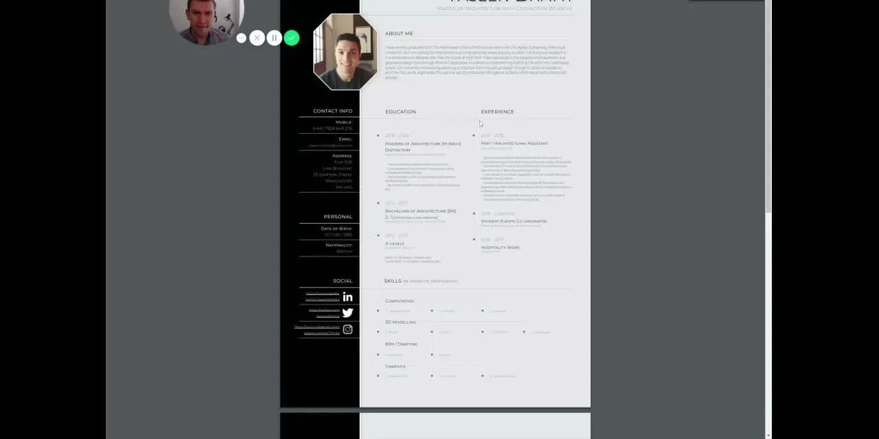 Digital resume for an architect with skills, experience, education, and contact details.