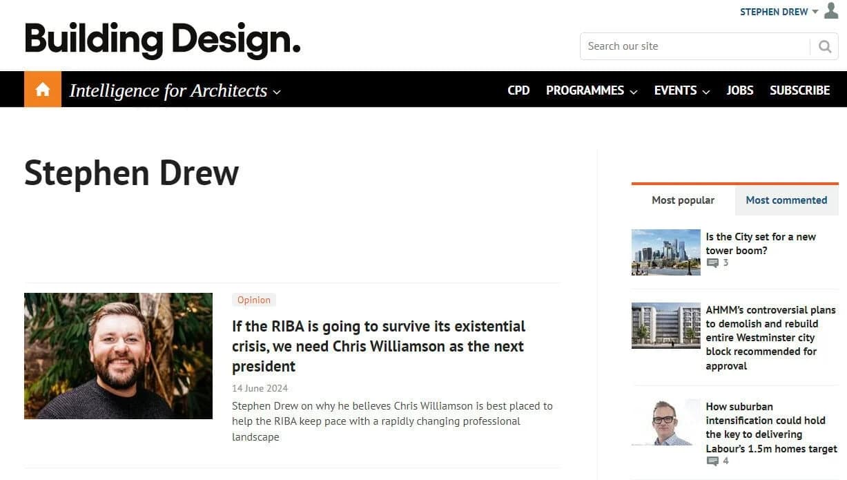 Article by Stephen Drew on RIBAs future in Building Design magazine.