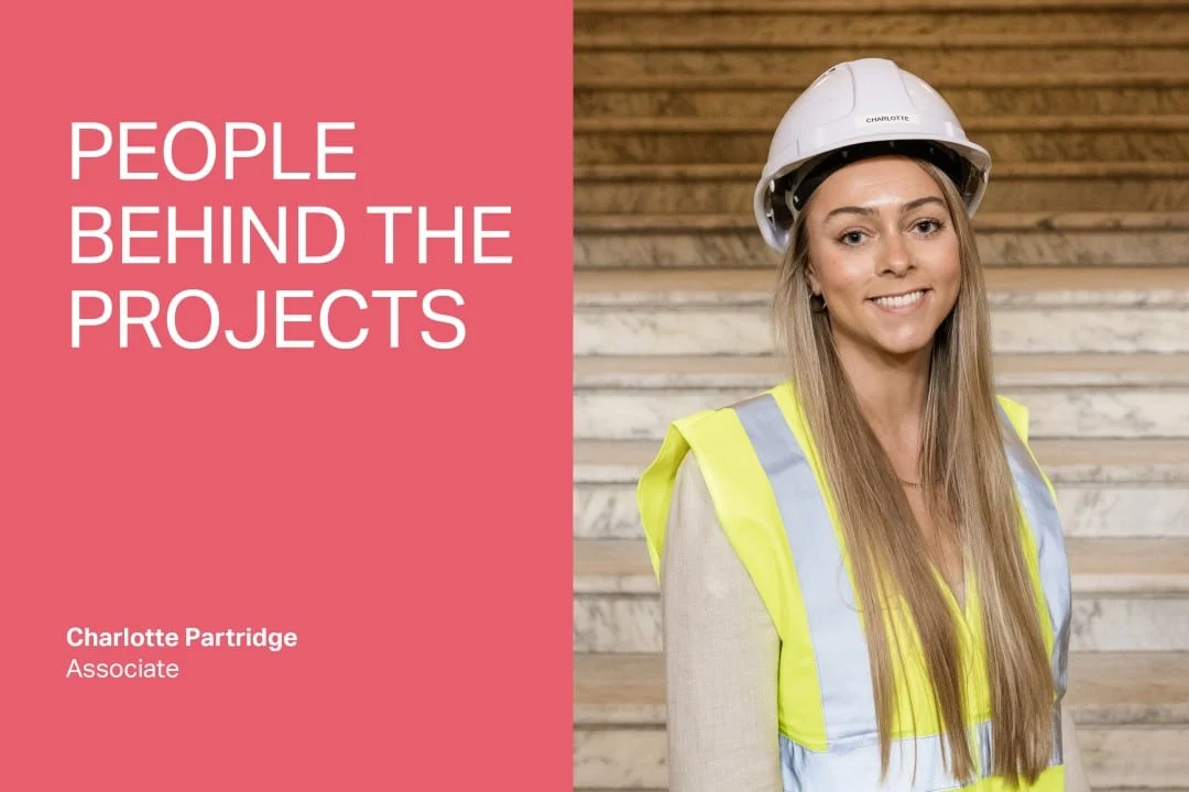 Charlotte Partridge, Associate at EPR Architects, in safety gear at a construction site.