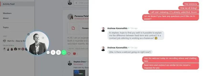 Social media profile and chat interface discussing freelancing vs contracting vs fixed-term employment.