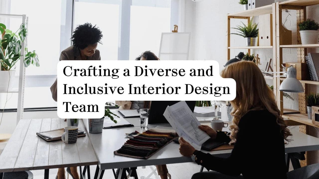 Modern office with diverse team collaborating on interior design project.