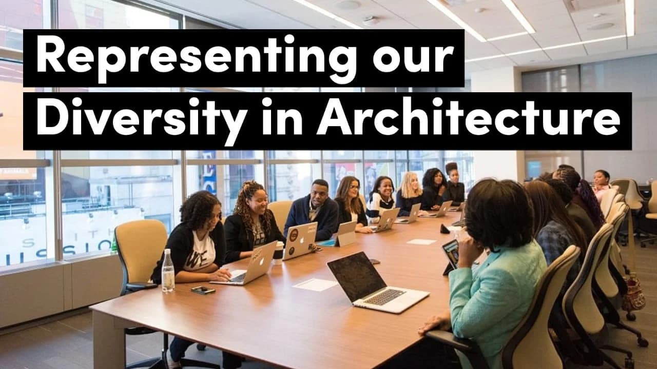 Diverse group in a modern conference room discussing architecture inclusivity.
