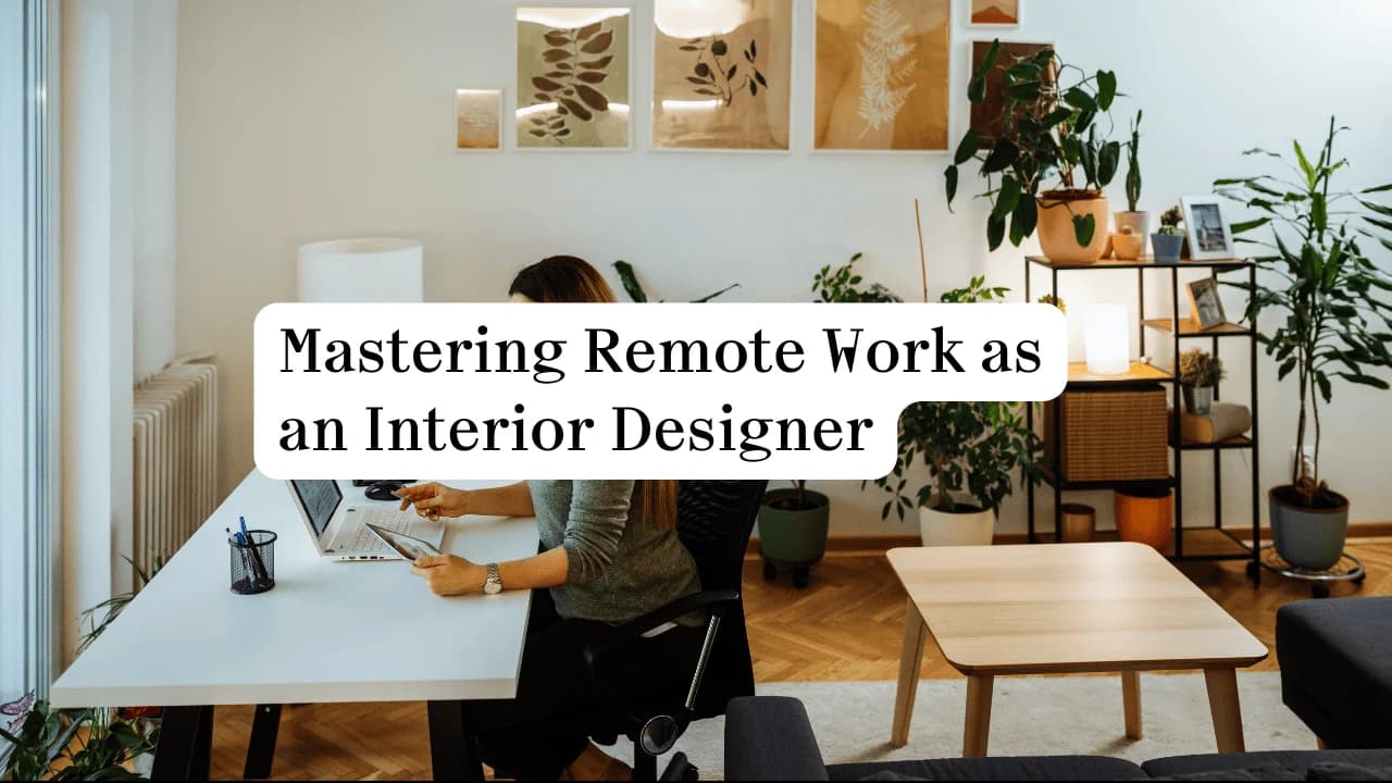 Modern home office setup for remote interior design work. Clean, stylish, and functional workspace.
