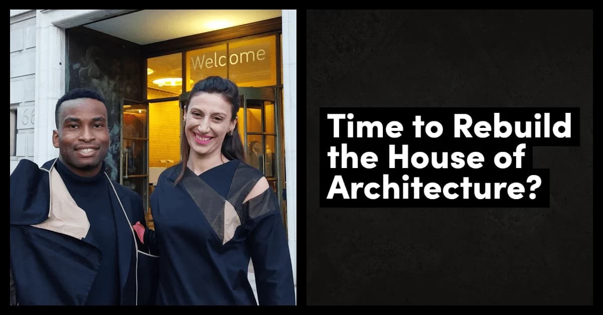 Welcoming duo at architecture event with thought-provoking question on innovation.
