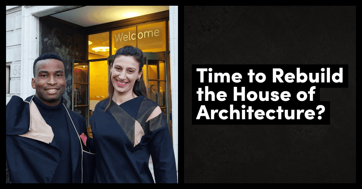 Welcoming duo at architecture event with thought-provoking question on innovation.