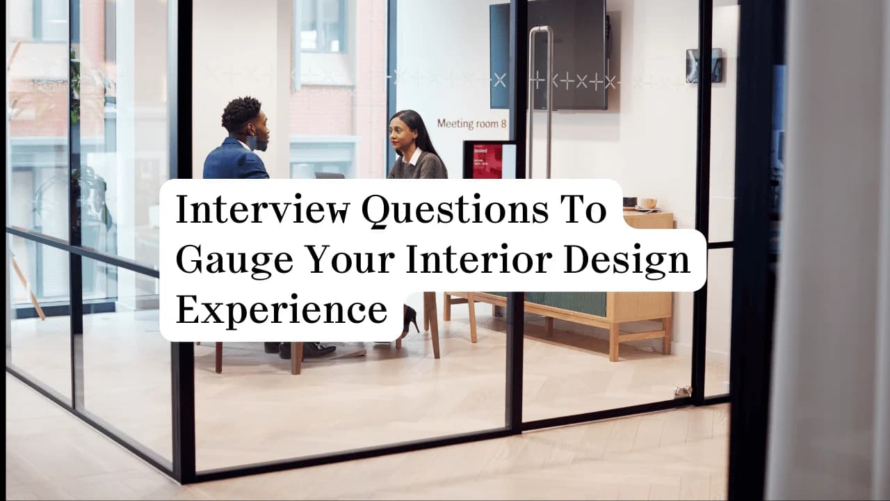 Modern office interview discussing interior design experience, with a glass-walled conference room setting.