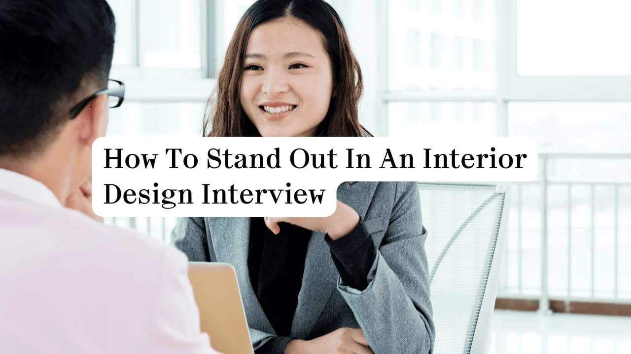 Confident woman acing an interior design interview in a modern office setting.