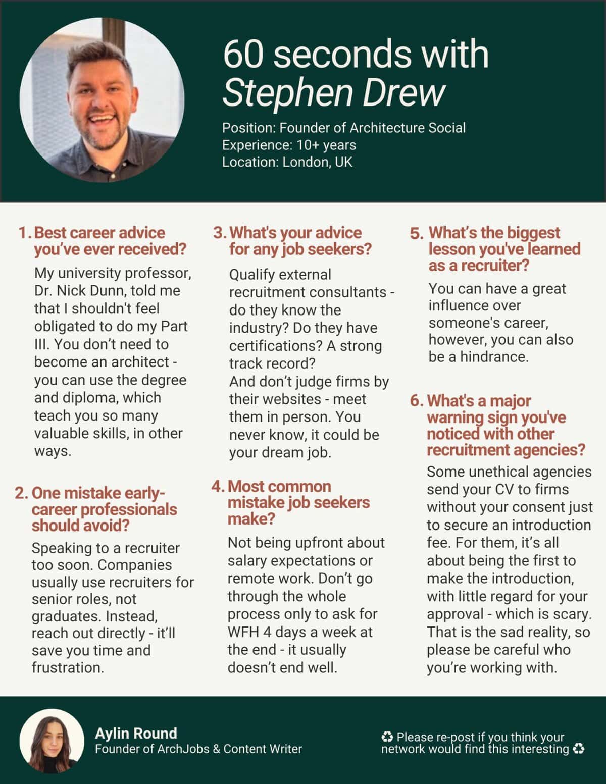 Career advice from Stephen Drew for aspiring architects and job seekers in architecture.