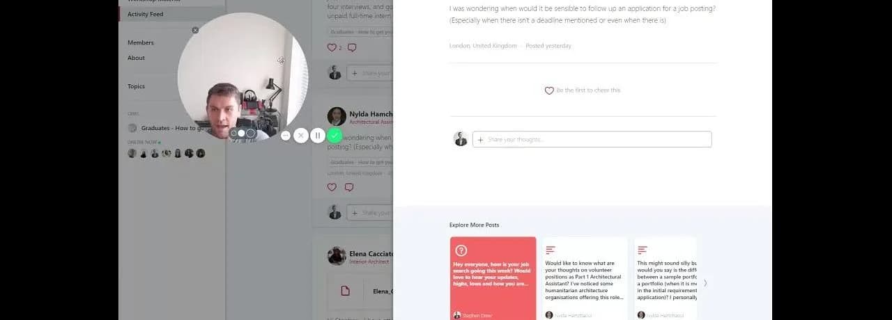 Video call interface beside a job application follow-up form with suggestions.