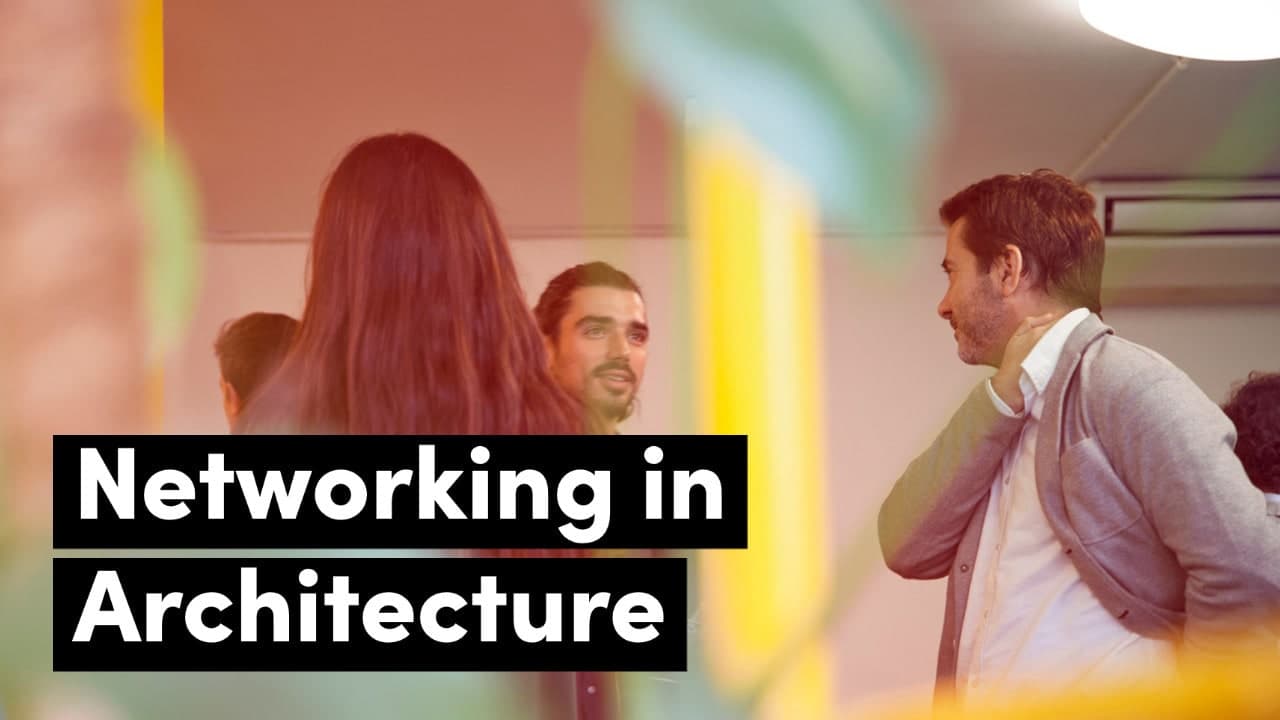 Architects networking event with professional conversations and architectural elements in a modern setting.