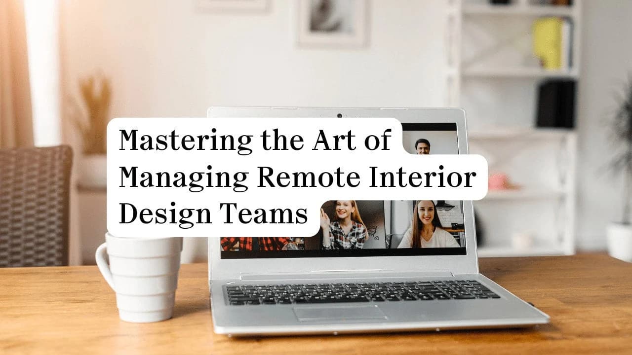 Remote interior design team management workspace with video call, coffee mug, and minimalist decor.