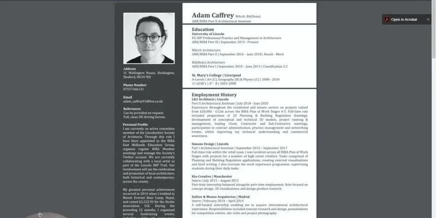 Aidan Caffreys professional biocurator resume detailing education and employment history.