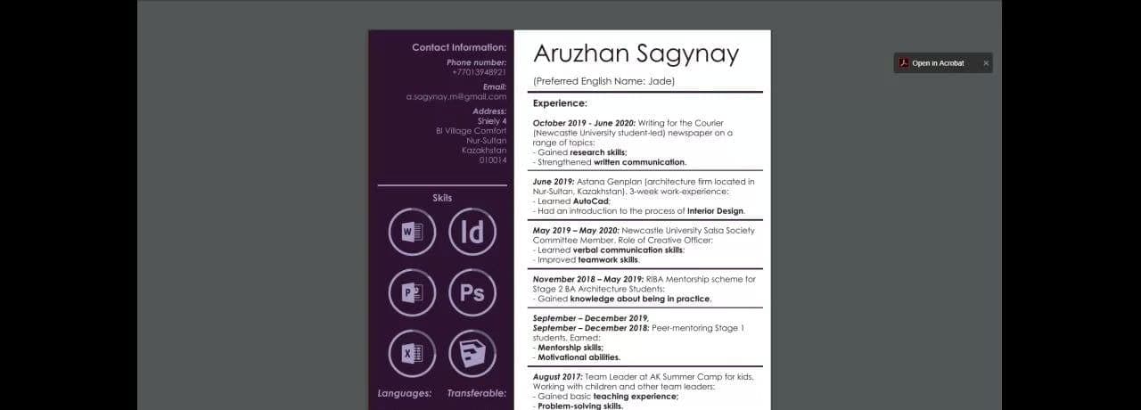 Modern resume with dark purple sidebar, showcasing web development and design skills.