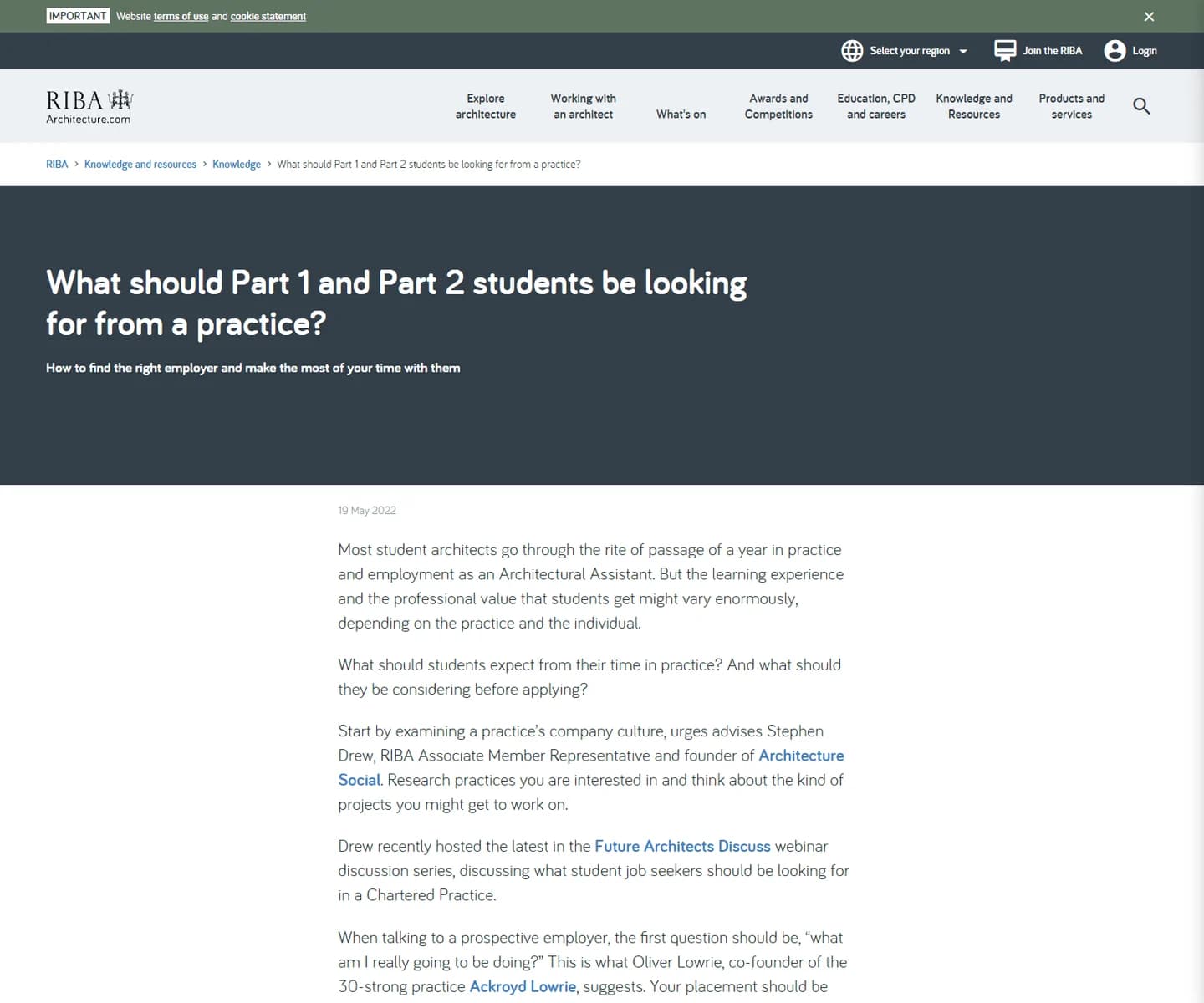 RIBA guide: Tips for Part 1 and Part 2 architecture students seeking practical experience.