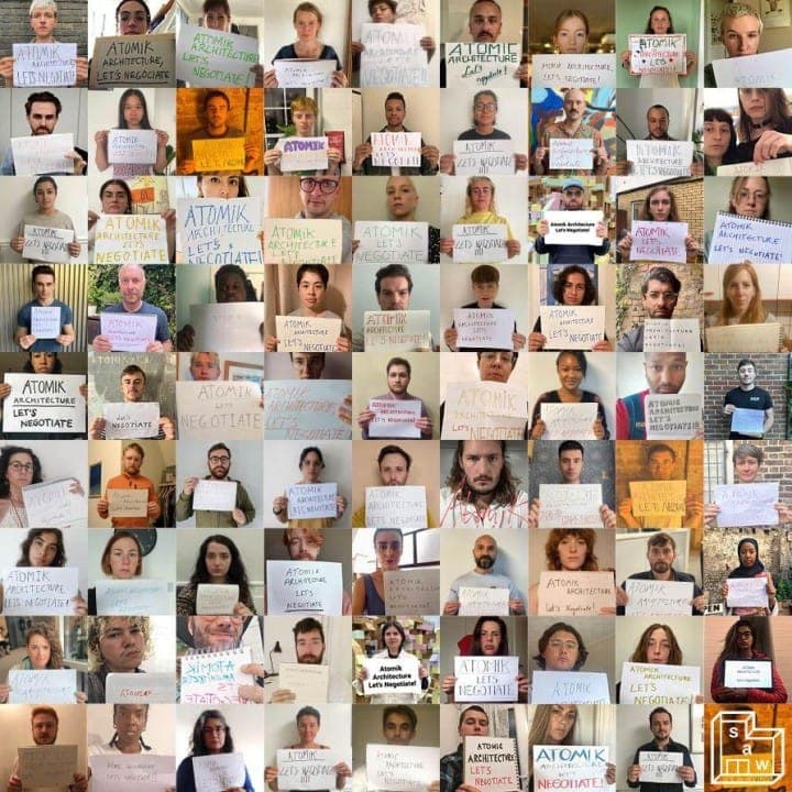 Collage of architecture workers holding signs in a strike against management.