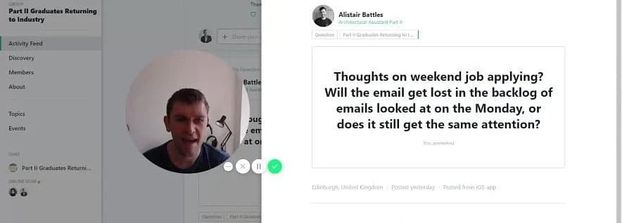 Adam Smith asks about weekend job applications and Monday email backlogs on a networking site.