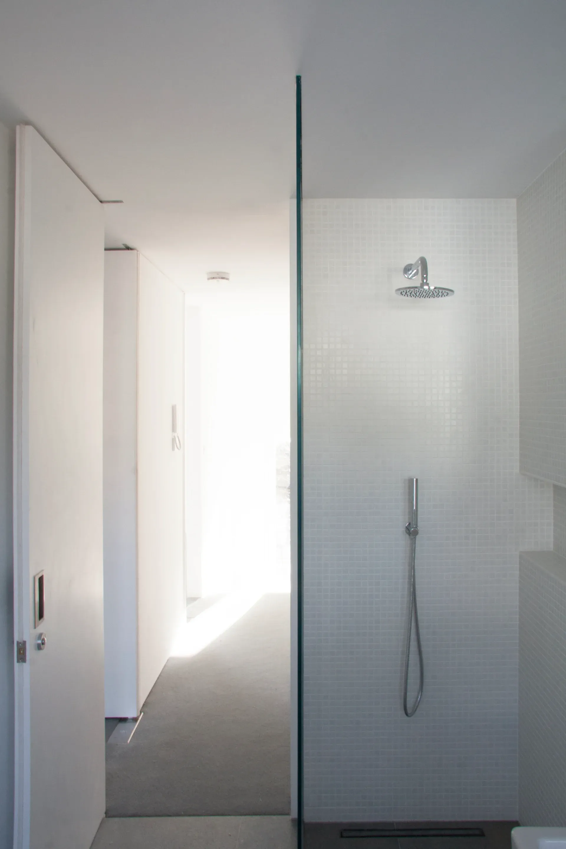 A glazed partition separates the shower from the adjoining interior.
