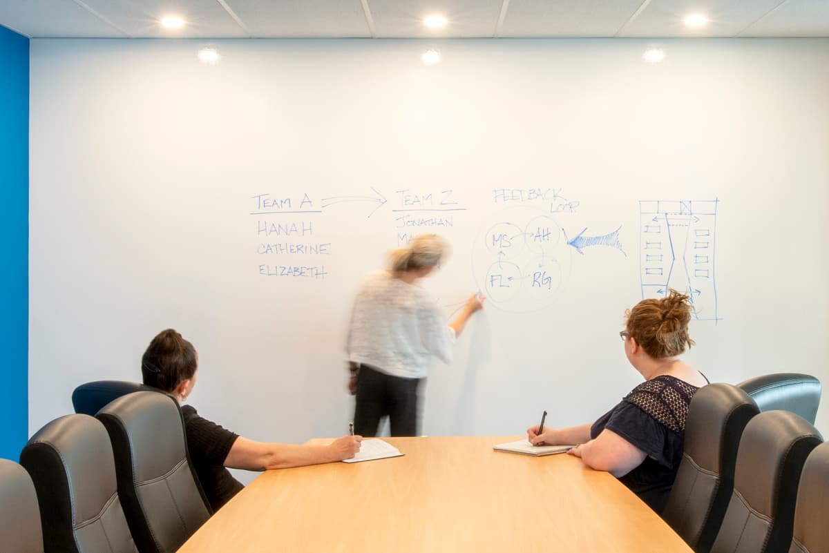 A conference table sits beside a wall used for shared notes.
