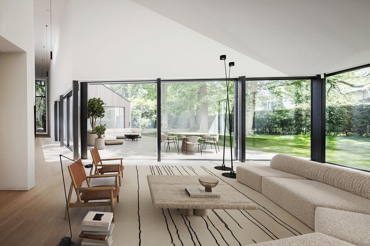 A furnished living room opens through folding doors to the garden.
