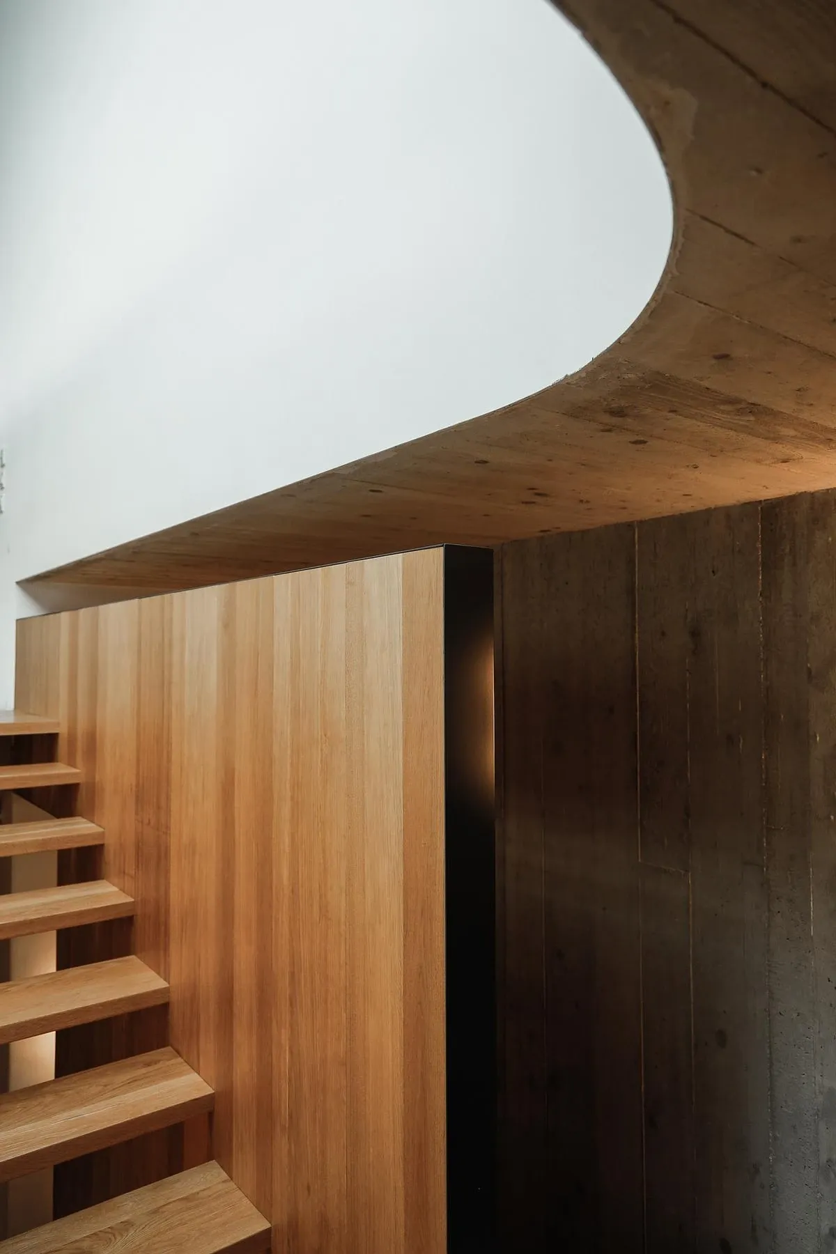 A timber stair rises beneath the curved soffit of the upper volume.