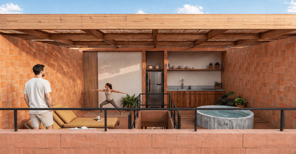Architectural visualisation: an open terrace brings planting and daylight into a duplex home.