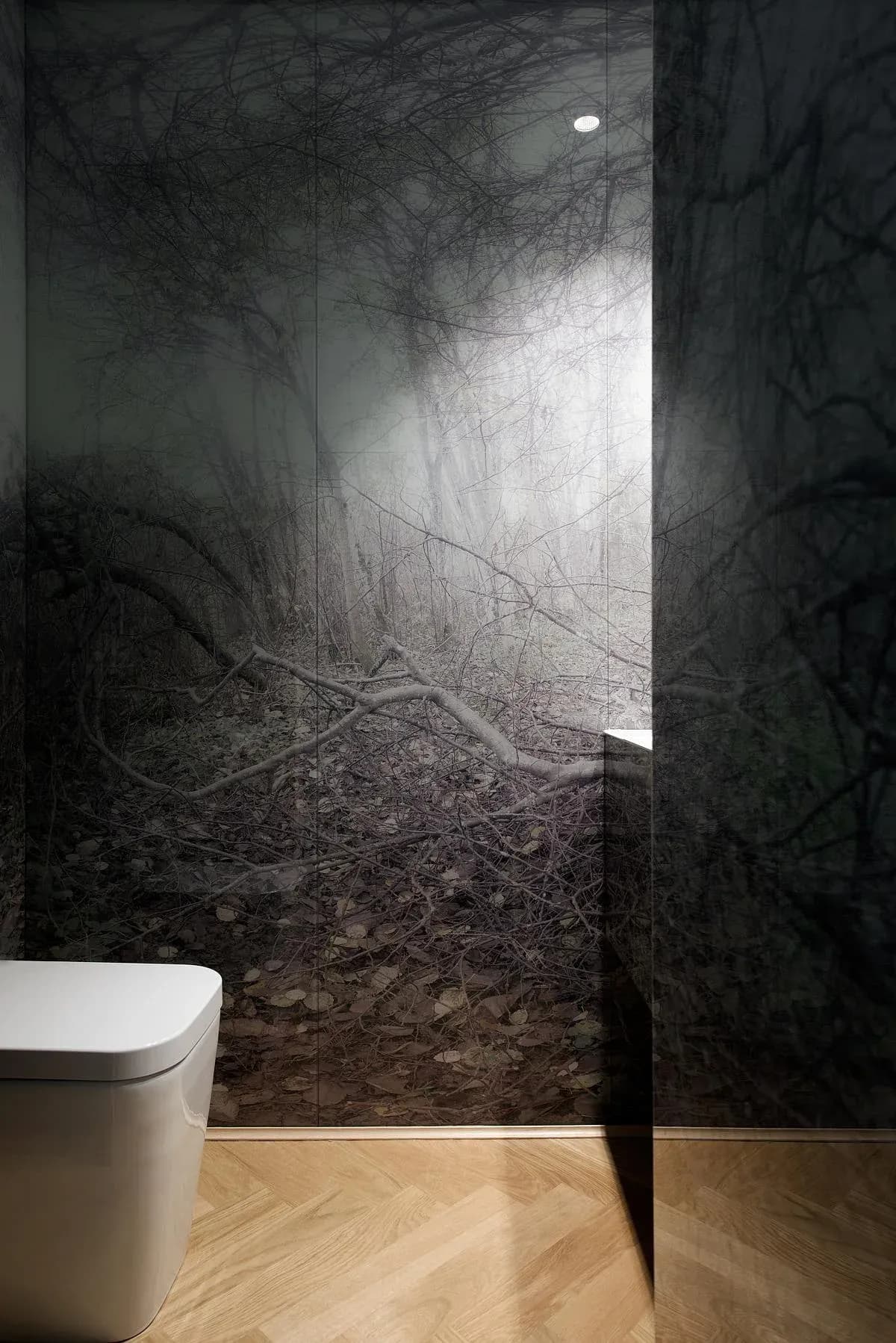 Dark landscape imagery lines a compact washroom.