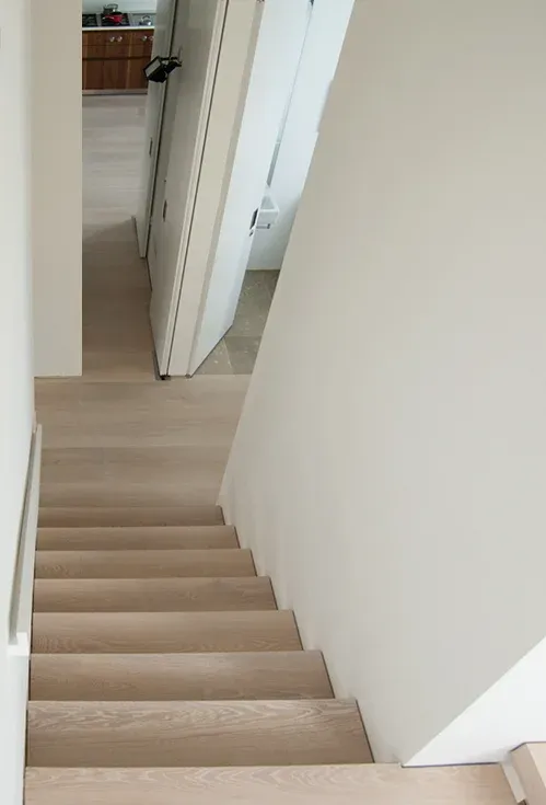 Timber treads and a white balustrade connect the split floor levels.