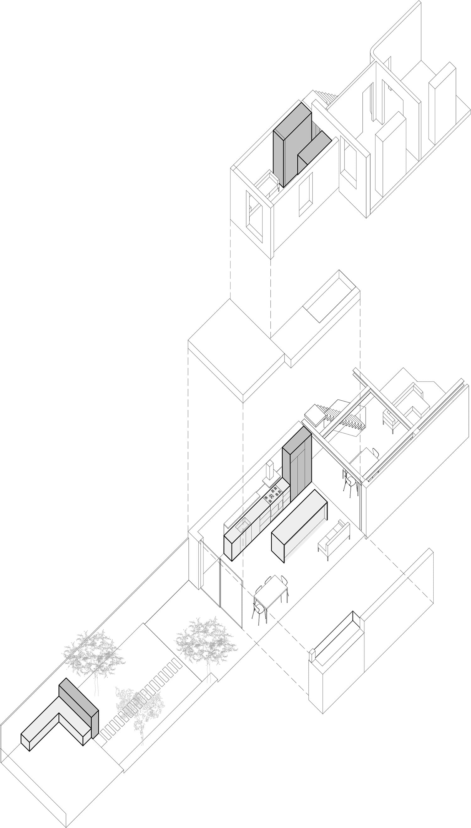 An axonometric drawing of the house and extension.