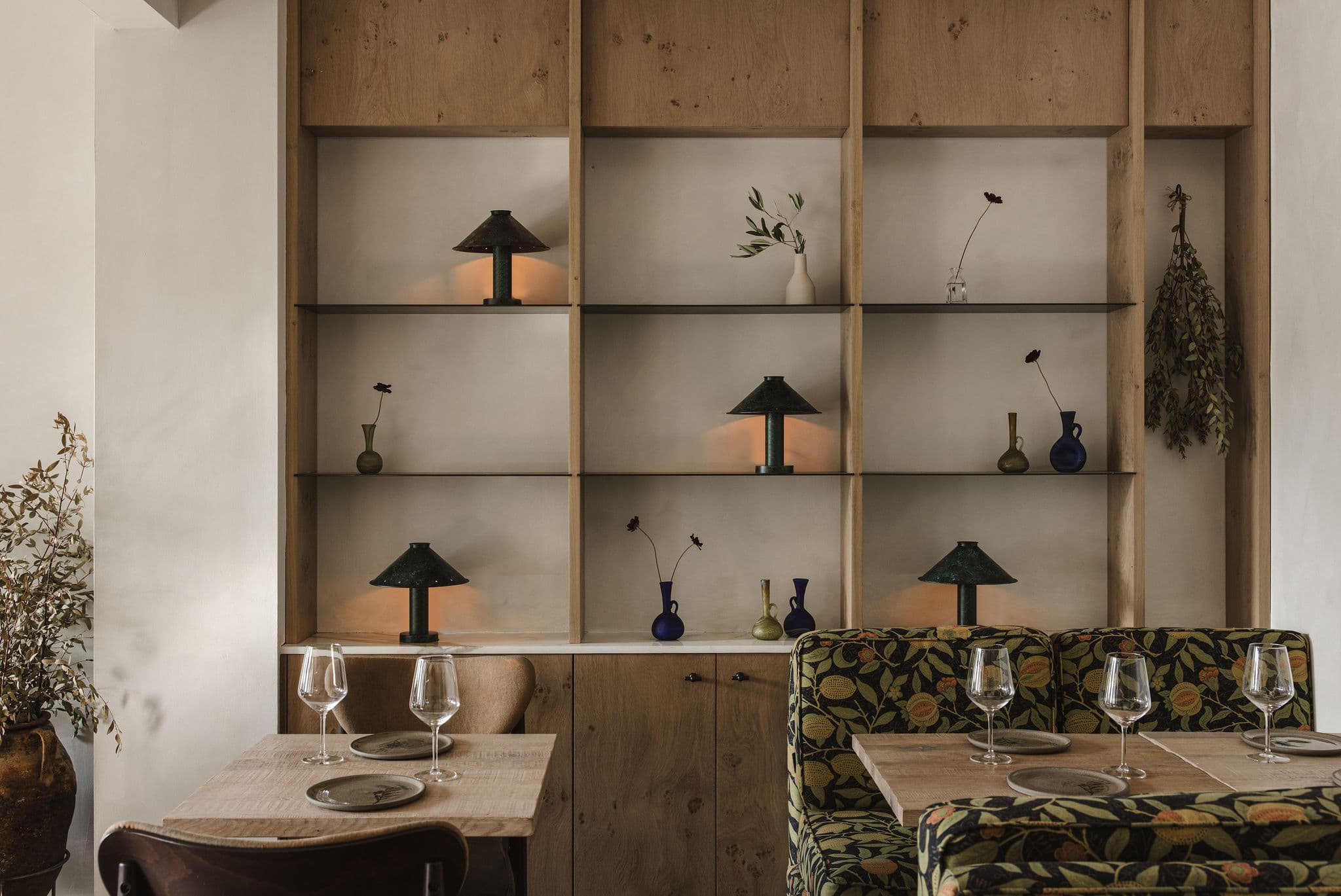 Bespoke shelving and seating in the dining room.