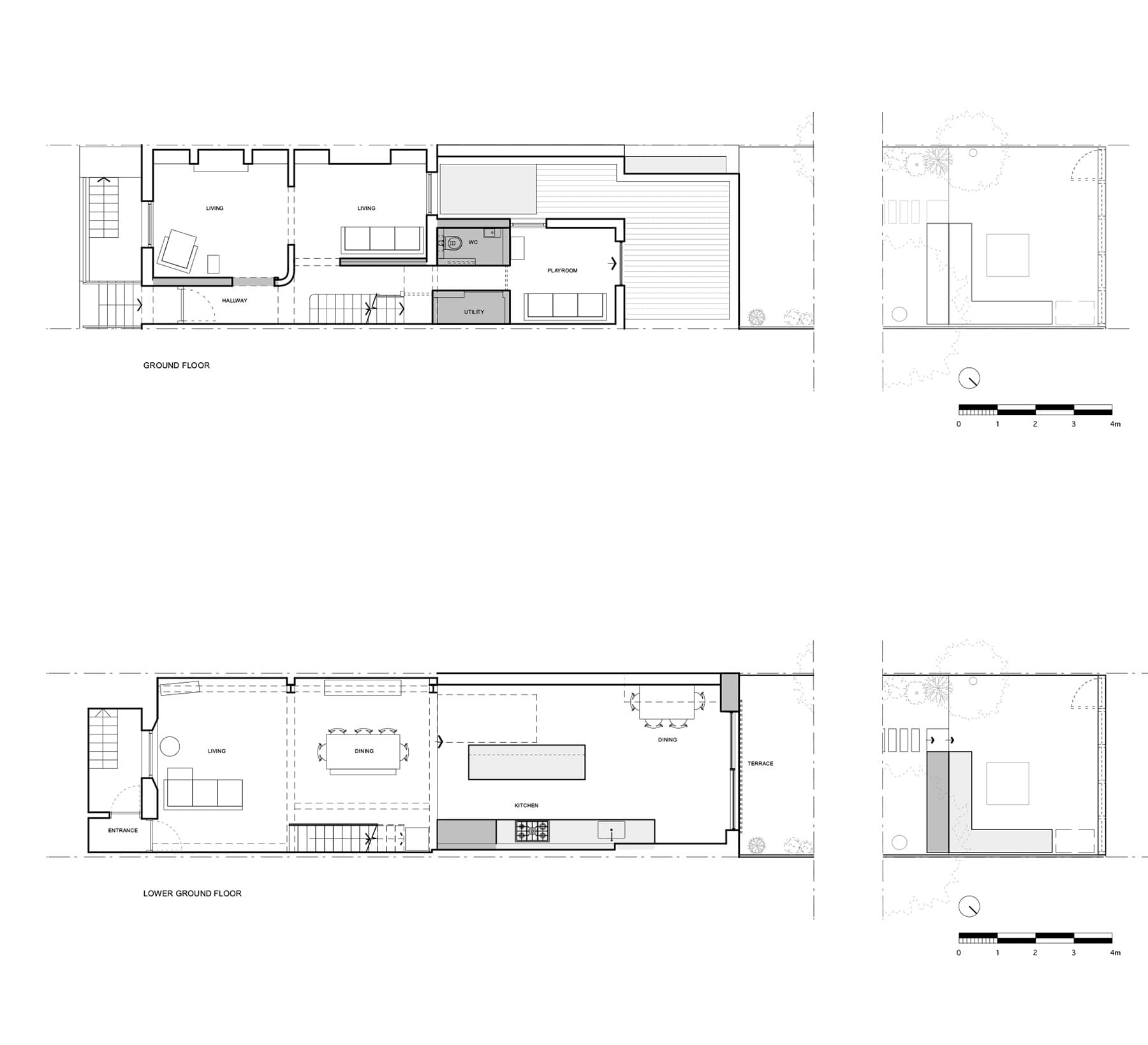 Canal House: plans, section and rear elevation.